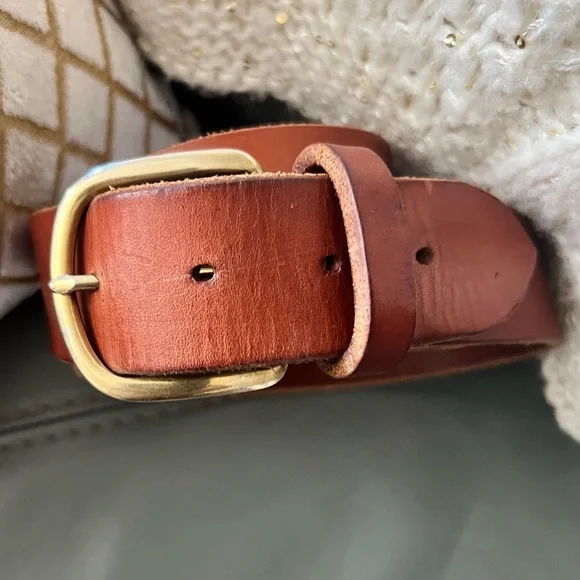 VINTAGE Premium COW HIDE Genuine Thick LEATHER Brass Buckle BELT S/M 26.5”-31.5” - Picture 4 of 12